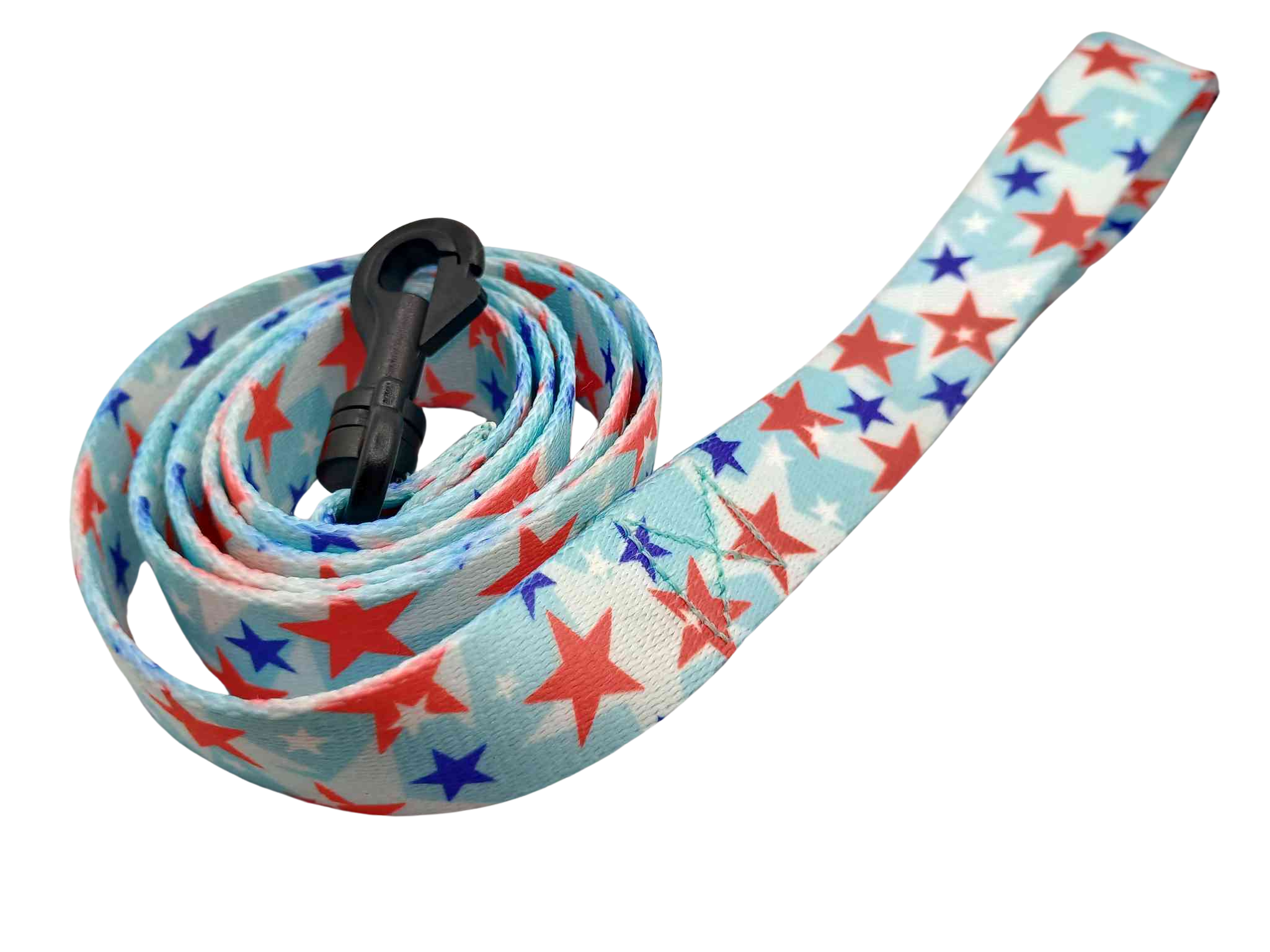 Featuring the American Celebration print, this leash features light-baby blue background with white, red and royal blue stars.