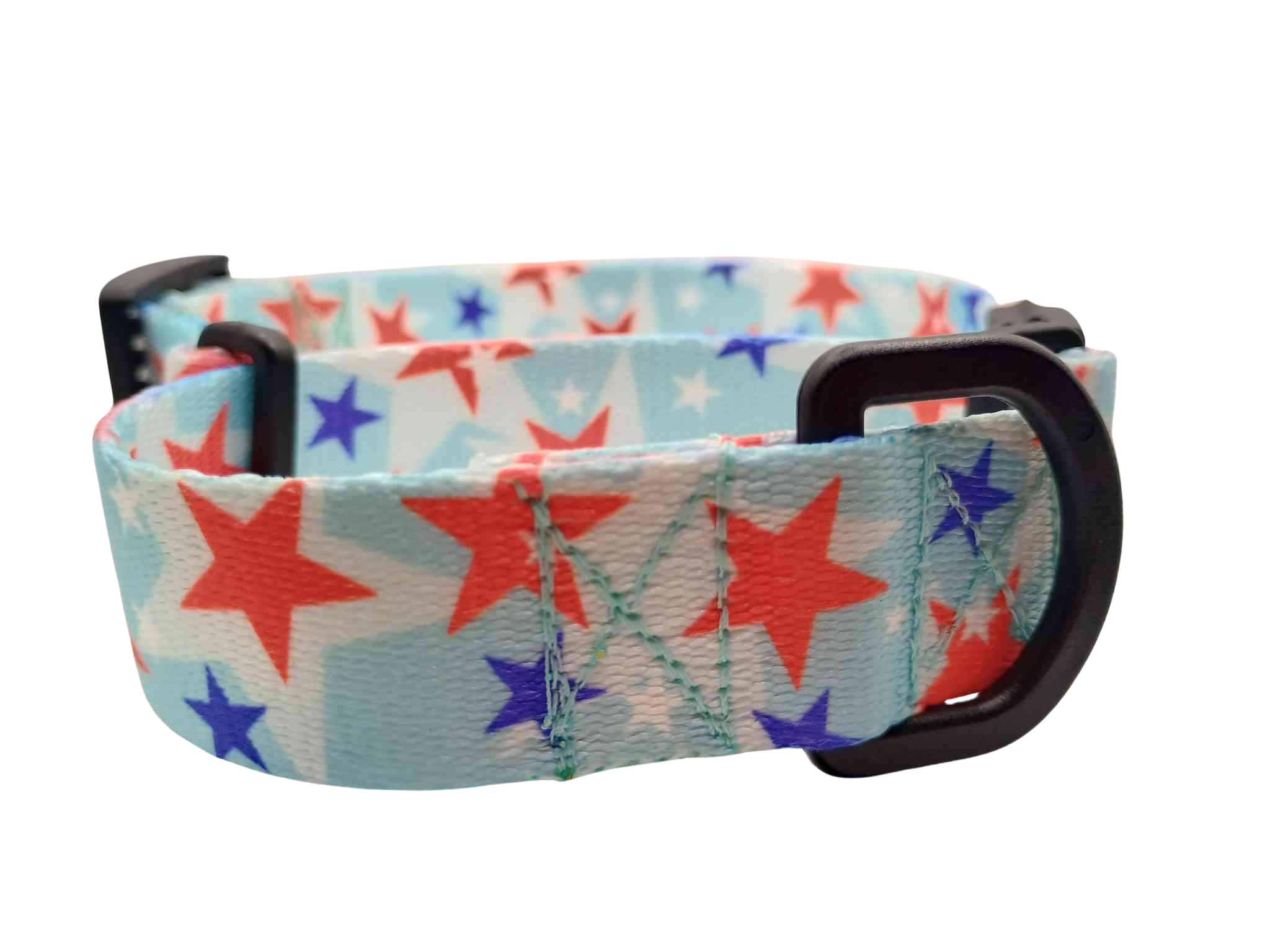 Featuring the American Celebration print, this martingale collar features light-baby blue background with white, red and royal blue stars.