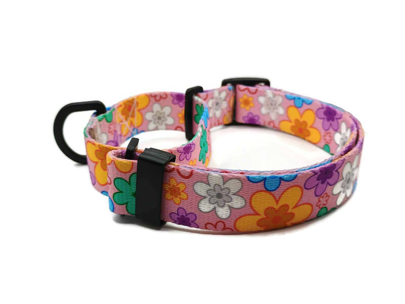 A metal free TSA friendly martingale collar featuring all plastic hardware with beautiful colorful pansies on a baby pink background. Designed for dogs with metal allergies and services dogs thru TSA checkpoints.