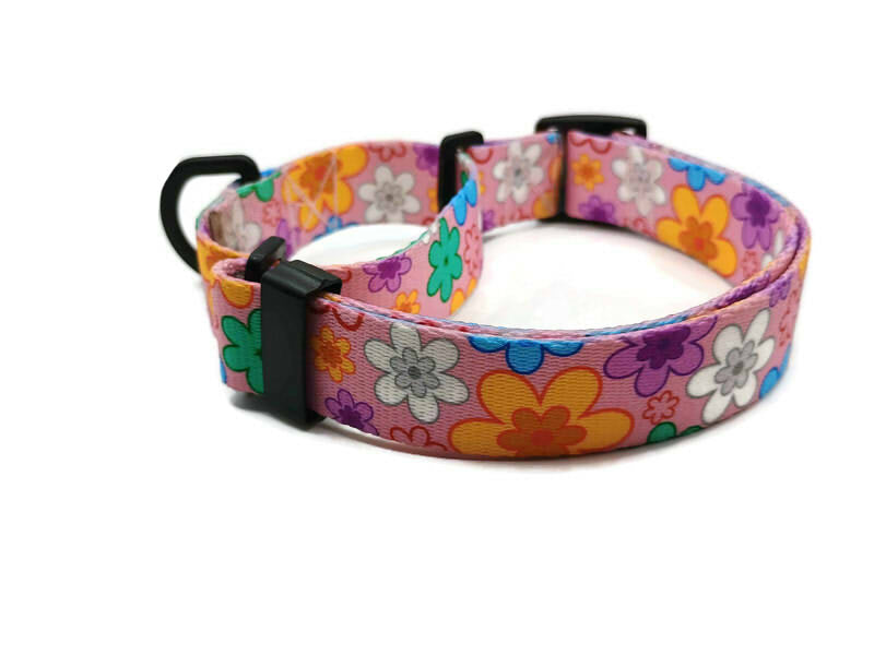 A metal free TSA friendly martingale collar featuring all plastic hardware with beautiful colorful pansies on a baby pink background. Designed for dogs with metal allergies and services dogs thru TSA checkpoints.