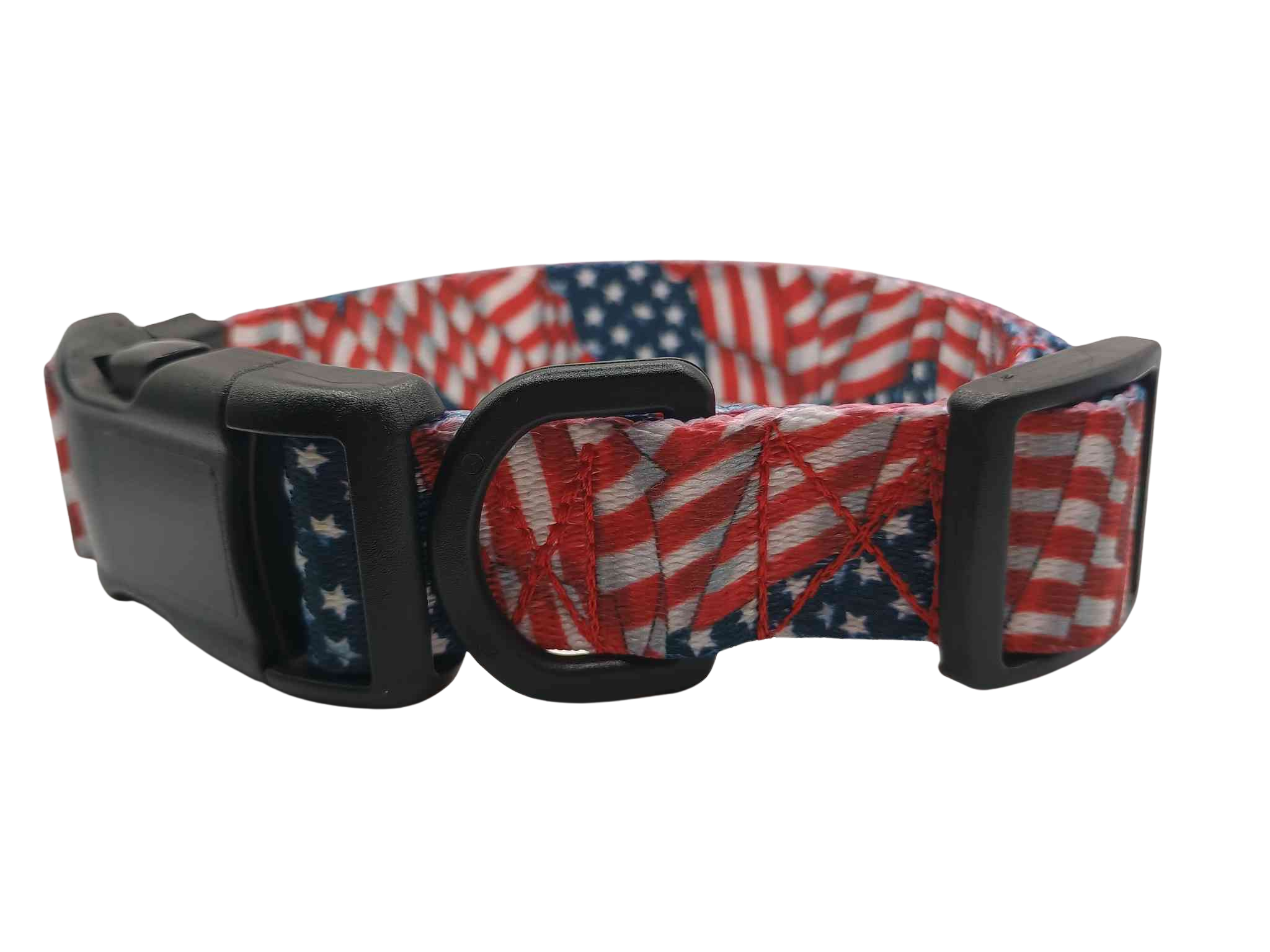 Patriotic Tribute buckle collar pattern features red, white & blue flag print waving in the wind. 