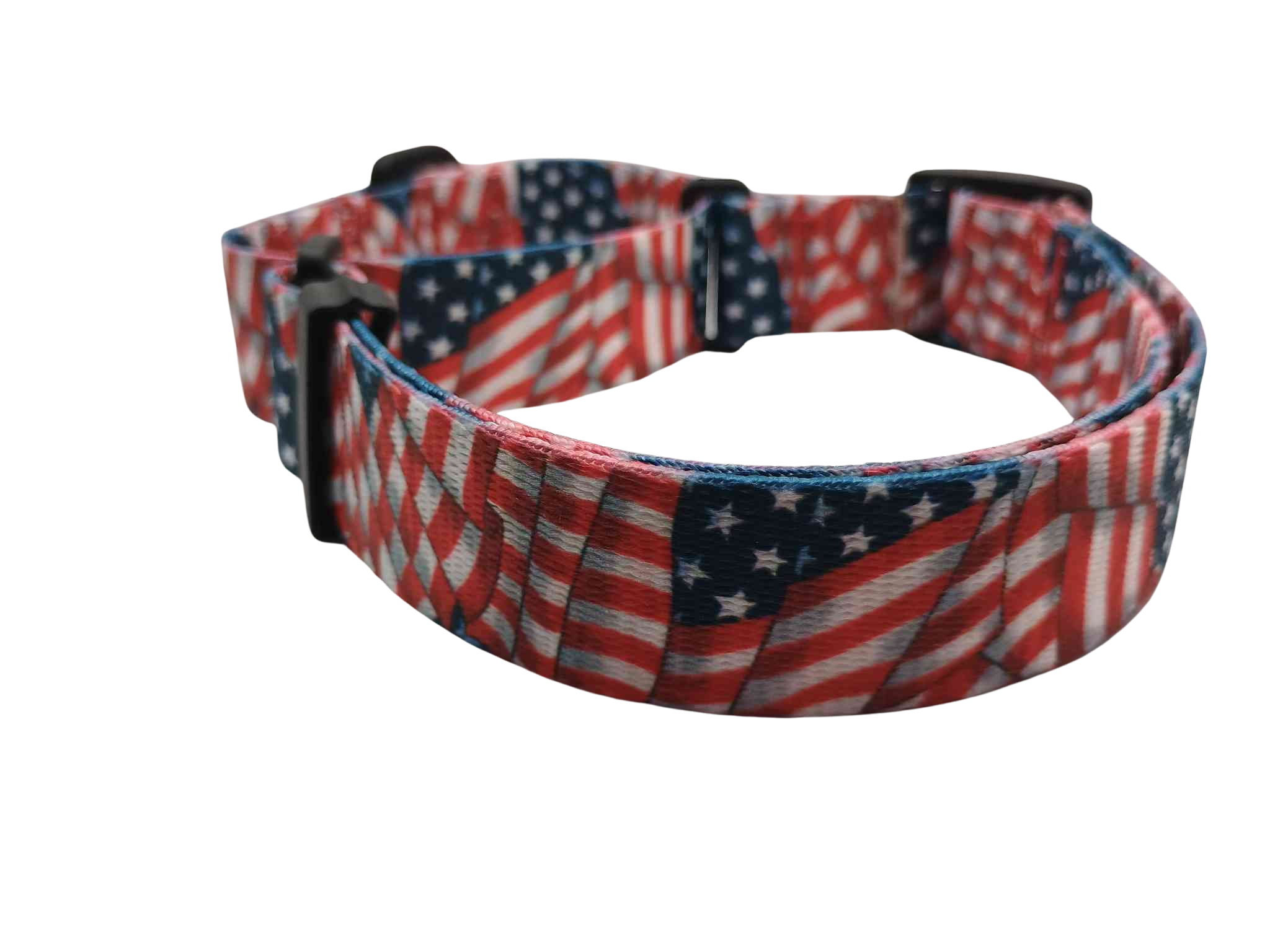 Our Patriotic Tribute martingale dog collar features red, white & blue flag print blowing in the wind.