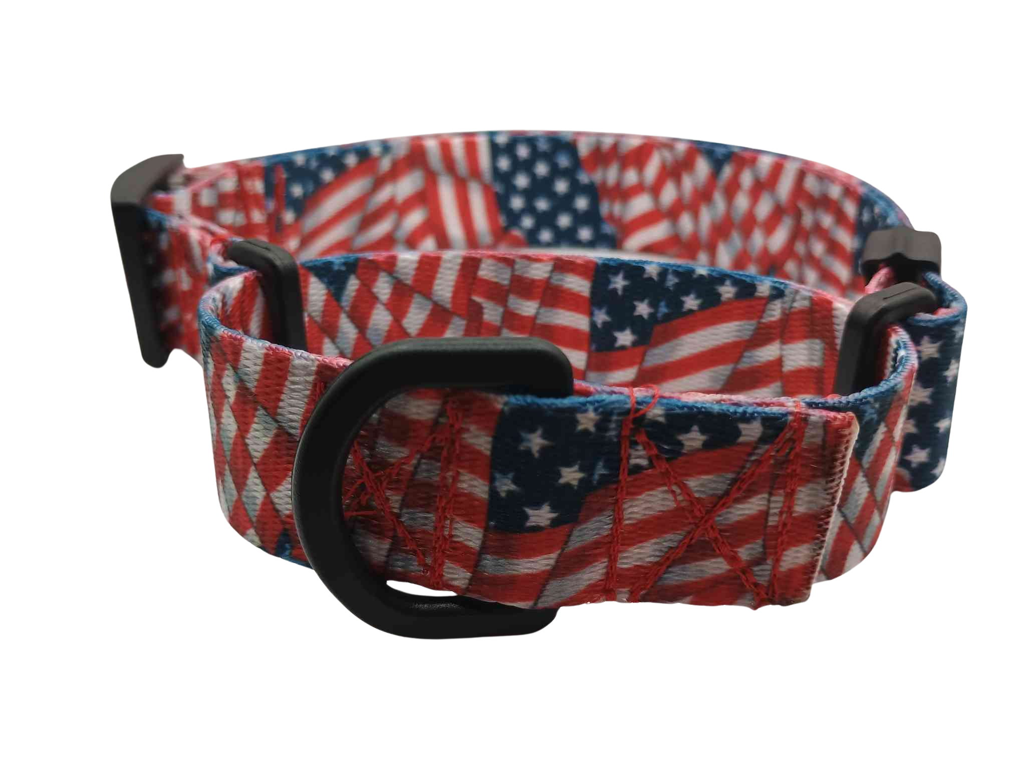 Our Patriotic Tribute martingale dog collar features red, white & blue flag print blowing in the wind.