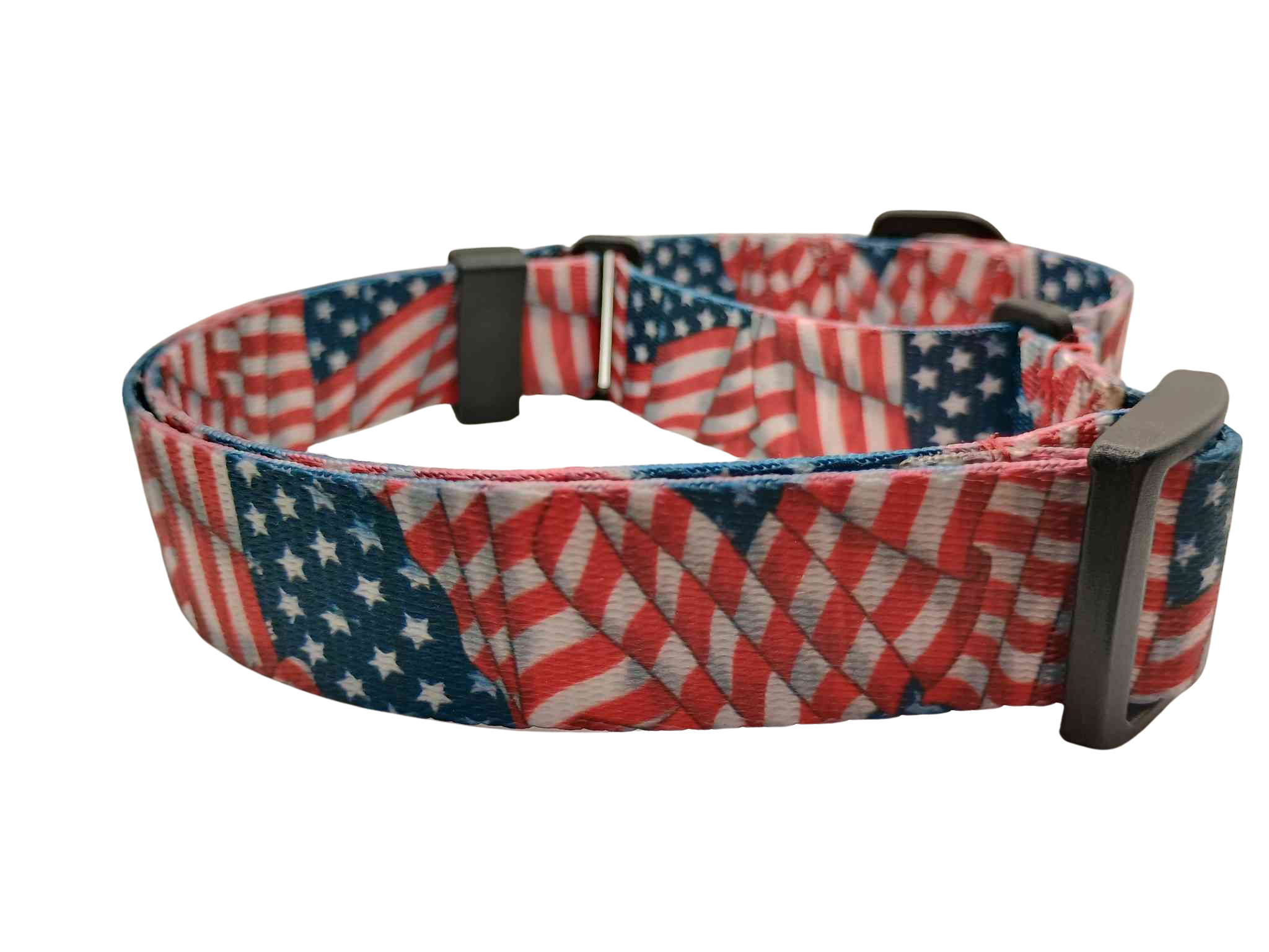 Our Patriotic Tribute martingale dog collar features red, white & blue flag print blowing in the wind.