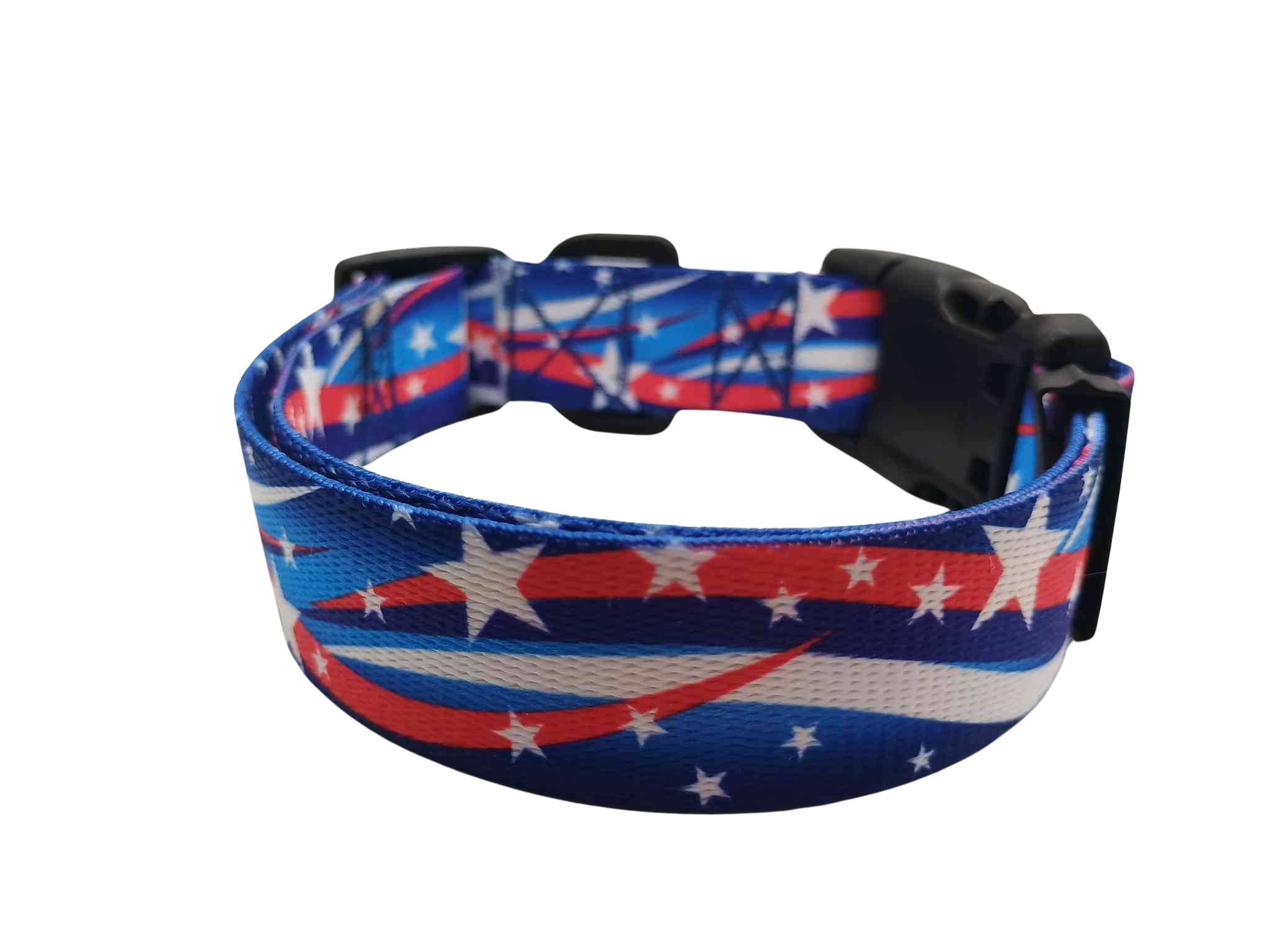 Featuring a Star Spangled buckle collar, this print features white stars with shooting red & white strips on a varying blue background; featuring shades of dark to medium blue. 