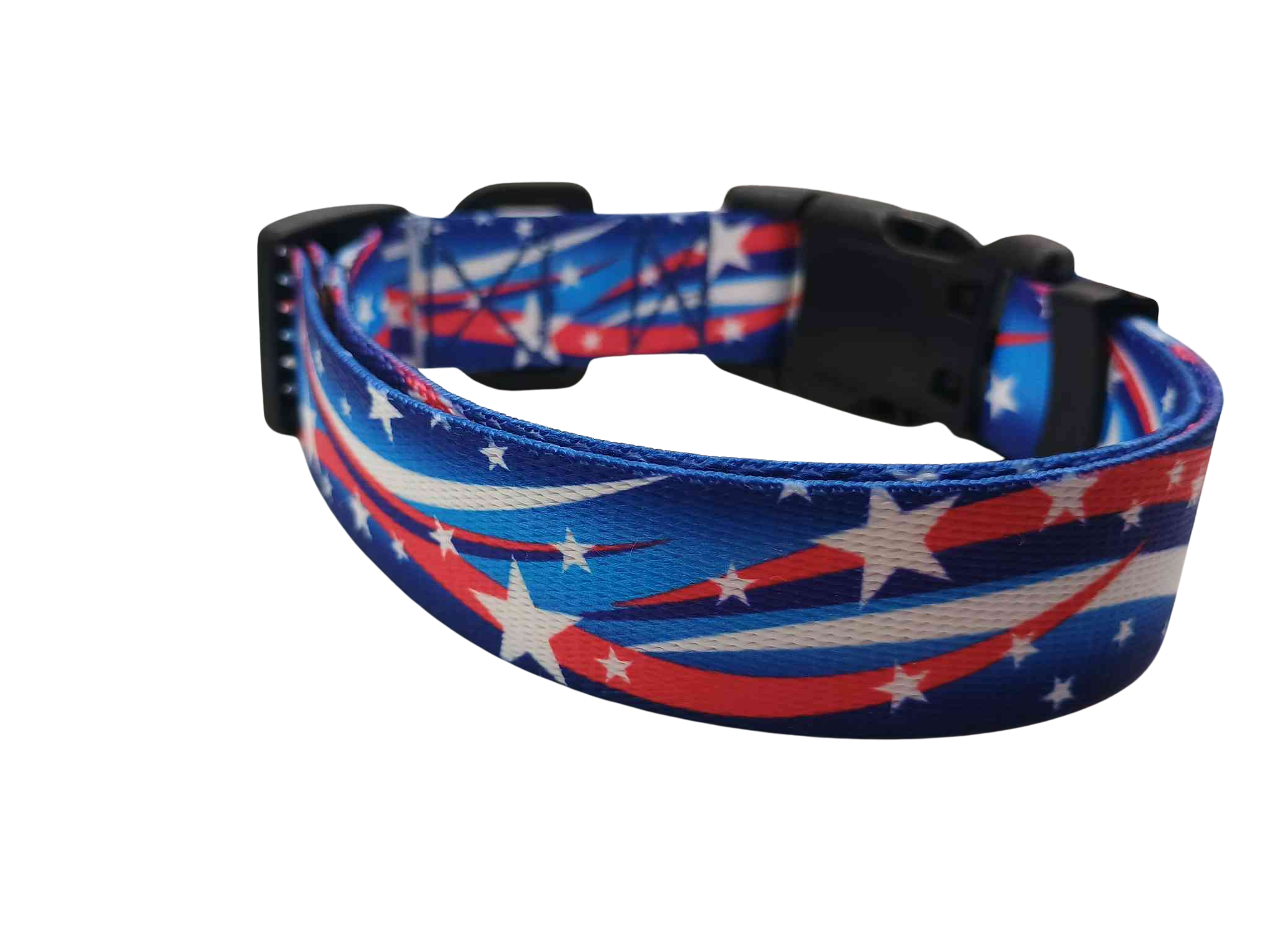 Featuring a Star Spangled buckle collar, this print features white stars with shooting red & white strips on a varying blue background; featuring shades of dark to medium blue. 