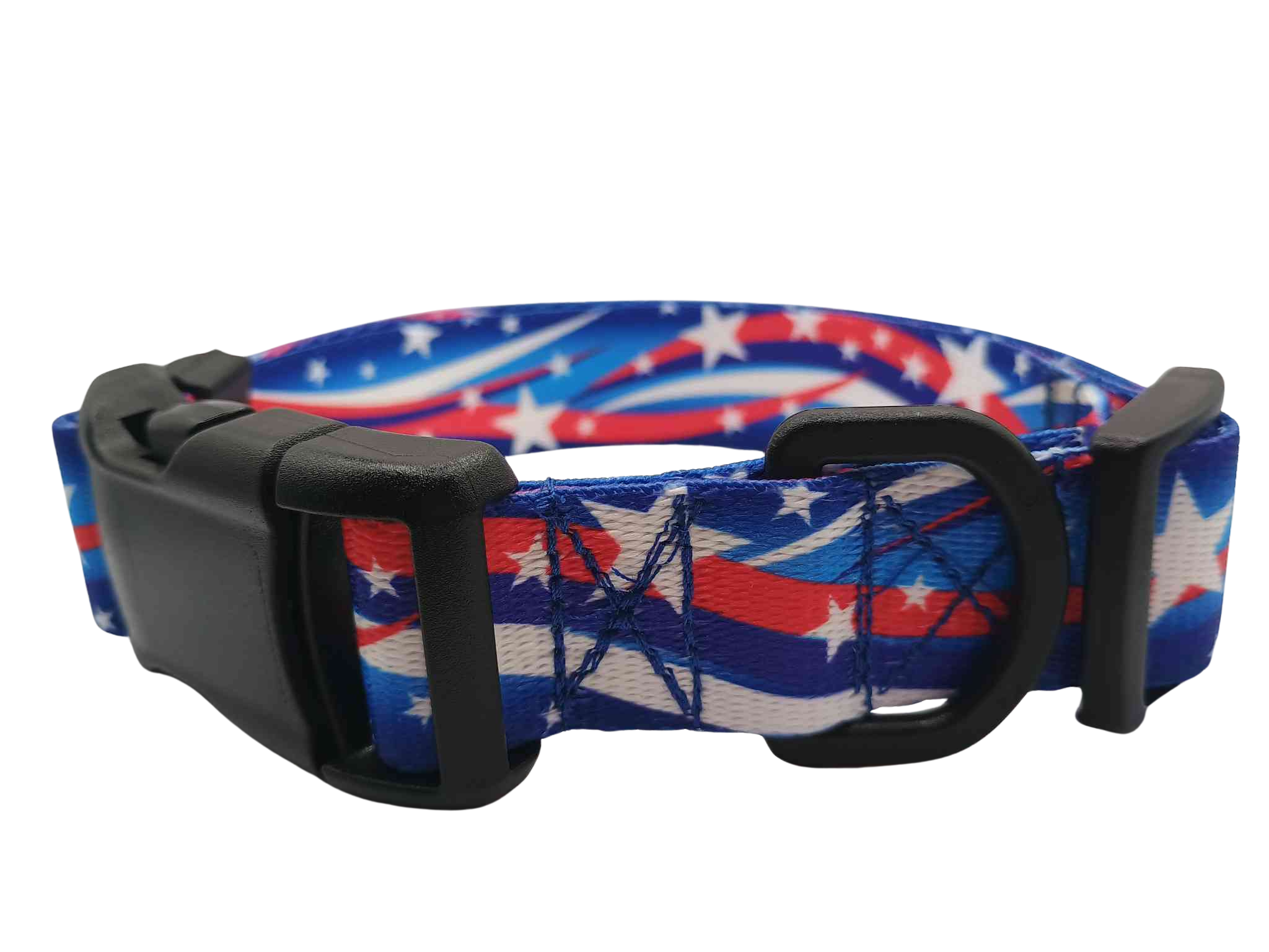 Featuring a Star Spangled buckle collar, this print features white stars with shooting red & white strips on a varying blue background; featuring shades of dark to medium blue. 