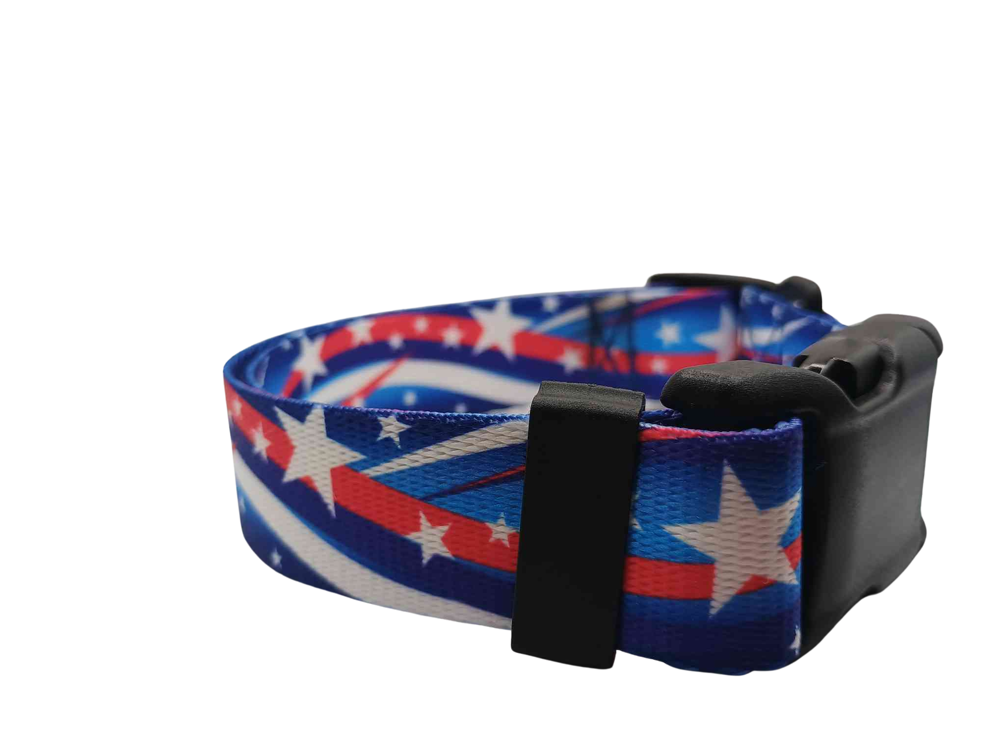 Featuring a Star Spangled buckle collar, this print features white stars with shooting red & white strips on a varying blue background; featuring shades of dark to medium blue. 