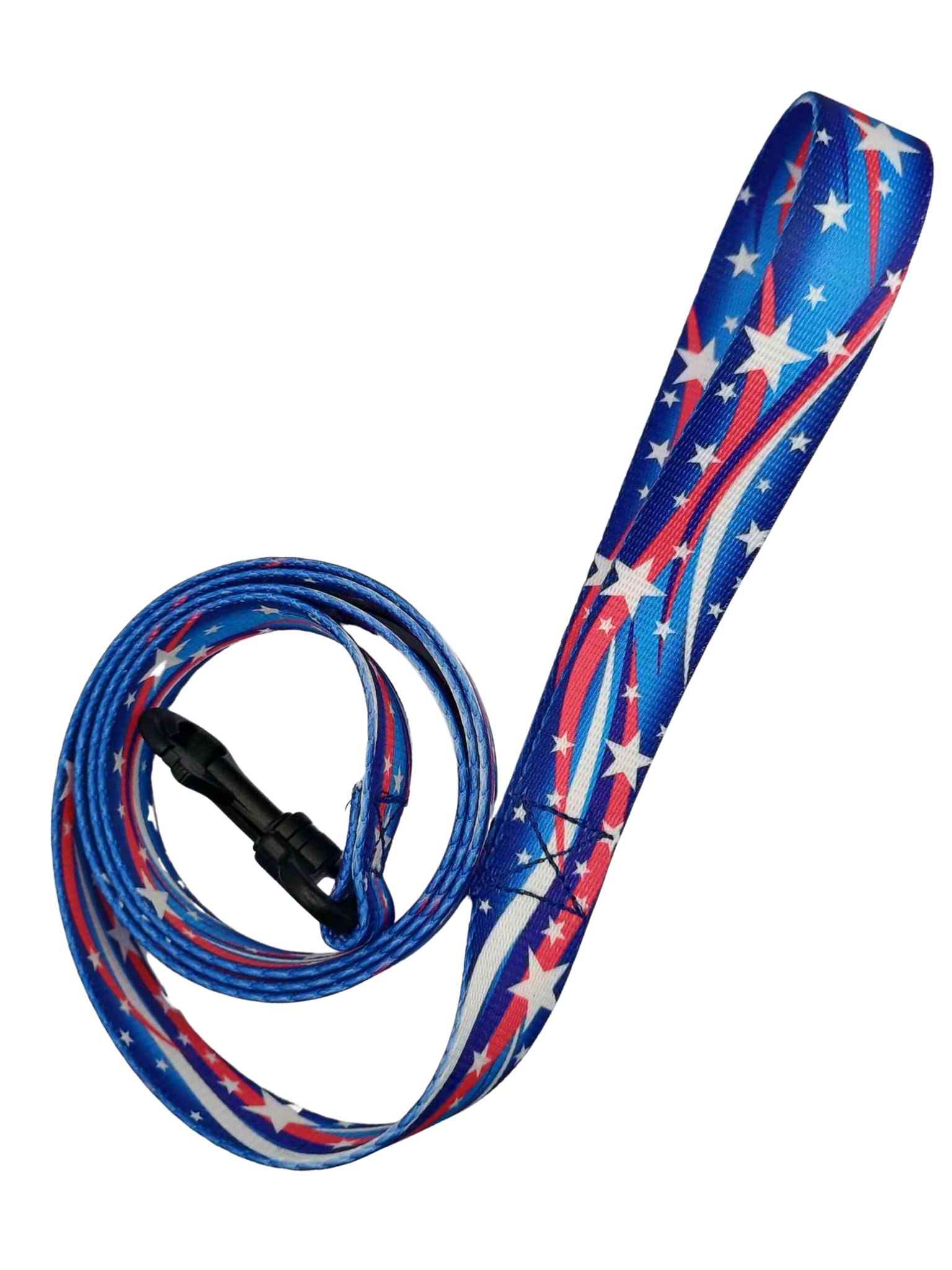 Featuring a Star Spangled leash, this print features white stars with shooting red & white strips on a varying blue background; featuring shades of dark to medium blue.