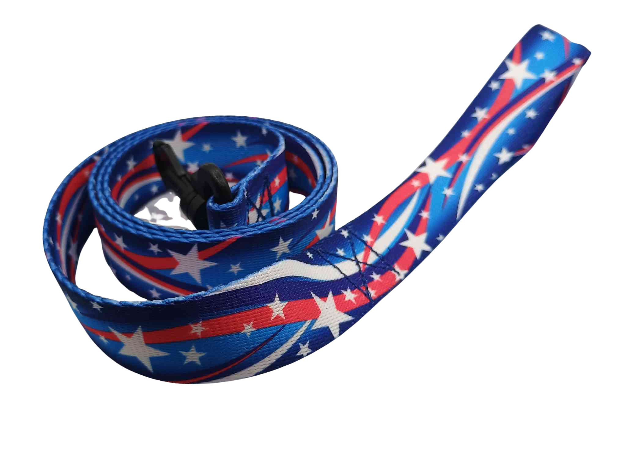Featuring a Star Spangled leash, this print features white stars with shooting red & white strips on a varying blue background; featuring shades of dark to medium blue.