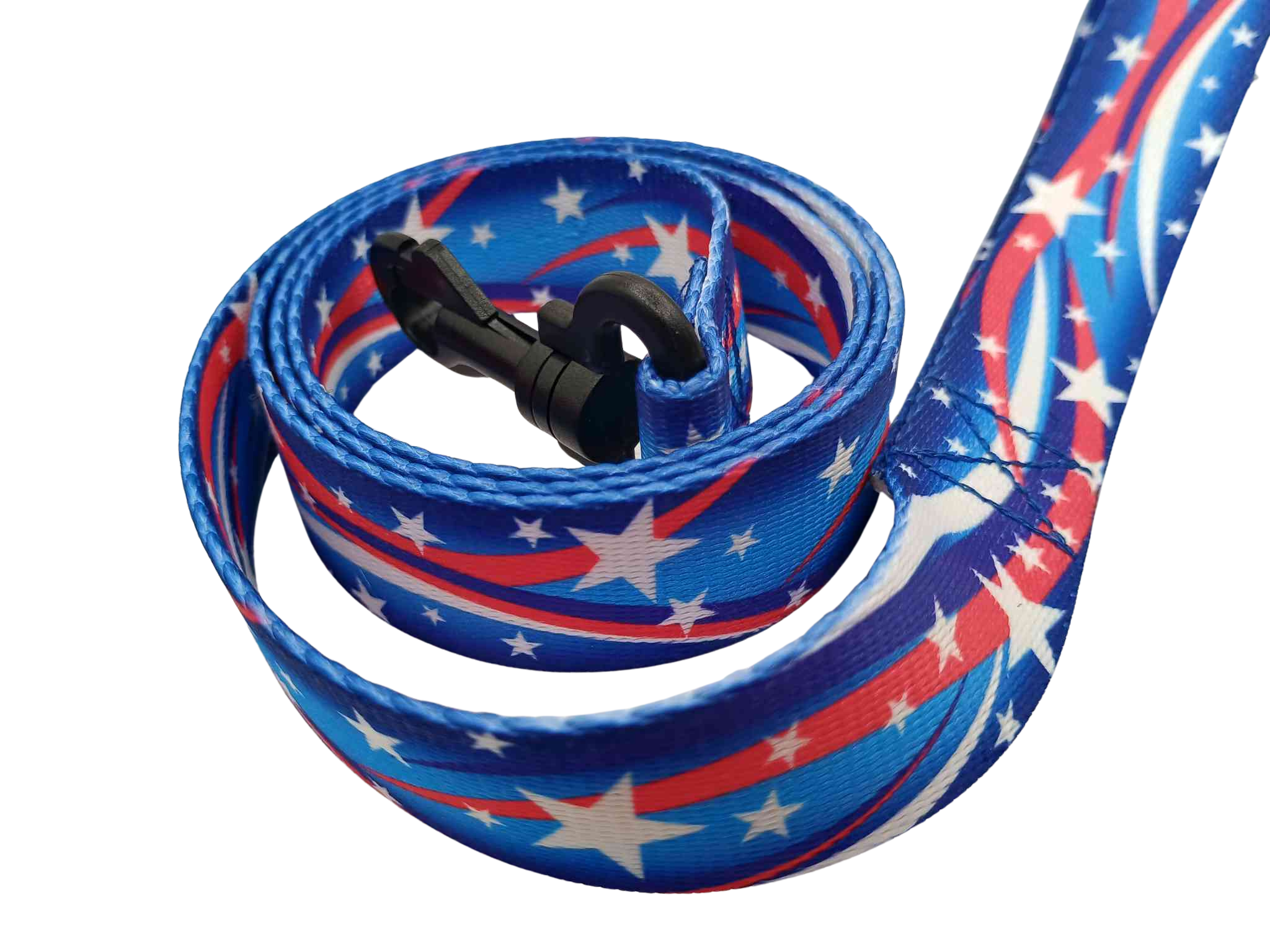 Featuring a Star Spangled leash, this print features white stars with shooting red & white strips on a varying blue background; featuring shades of dark to medium blue.