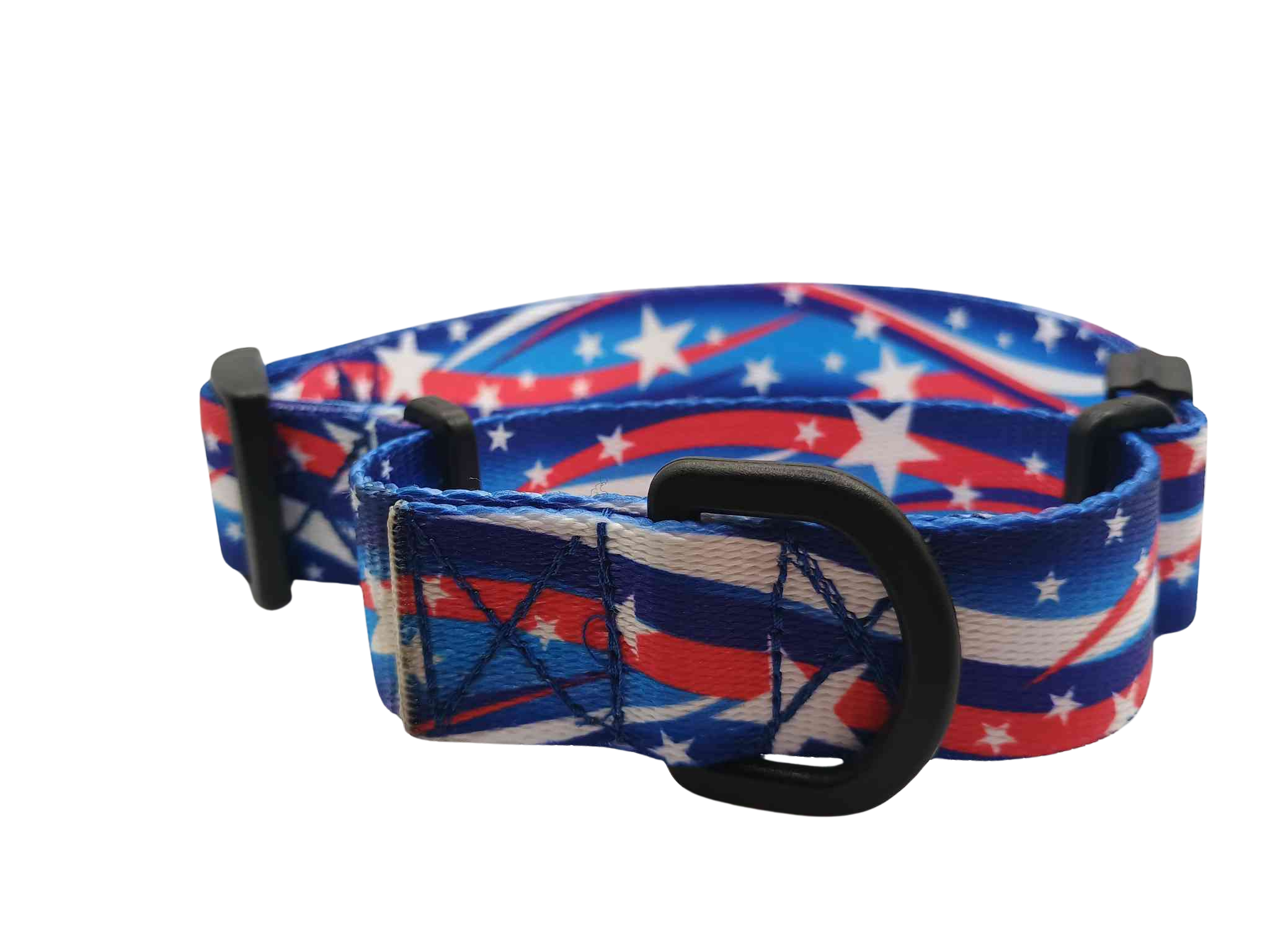 Featuring a Star Spangled martingale collar, this print features white stars with shooting red & white strips on a varying blue background; featuring shades of dark to medium blue.