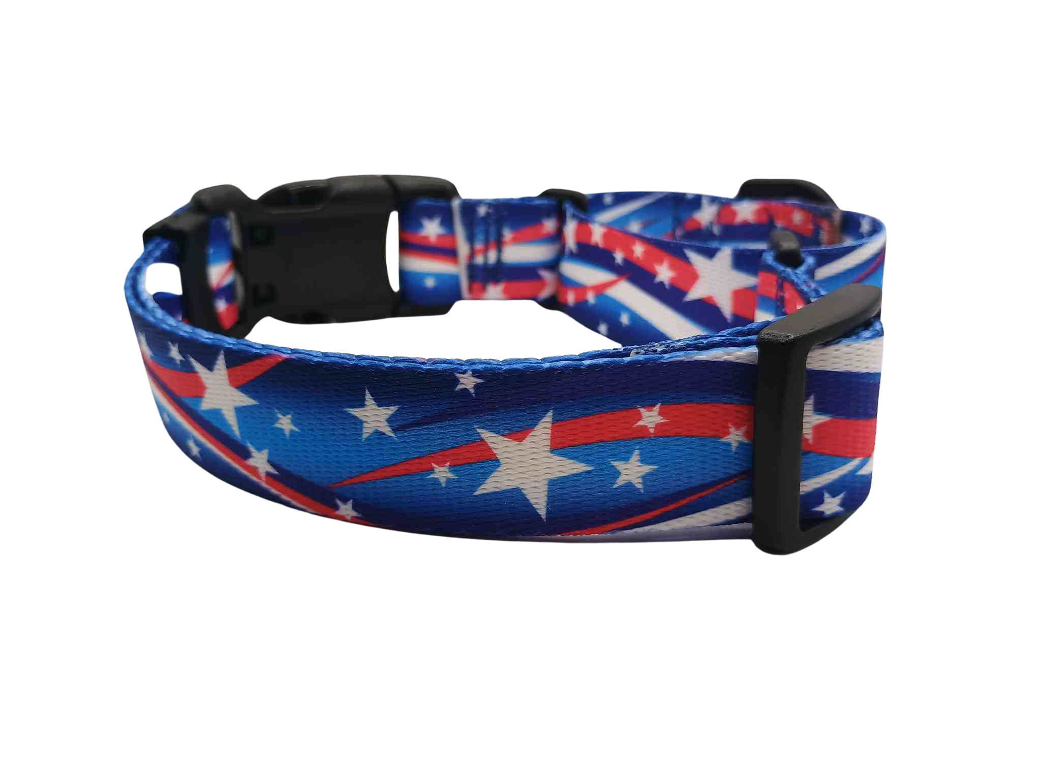 Featuring a Star Spangled martingale collar with buckle, this print features white stars with shooting red & white strips on a varying blue background; featuring shades of dark to medium blue.