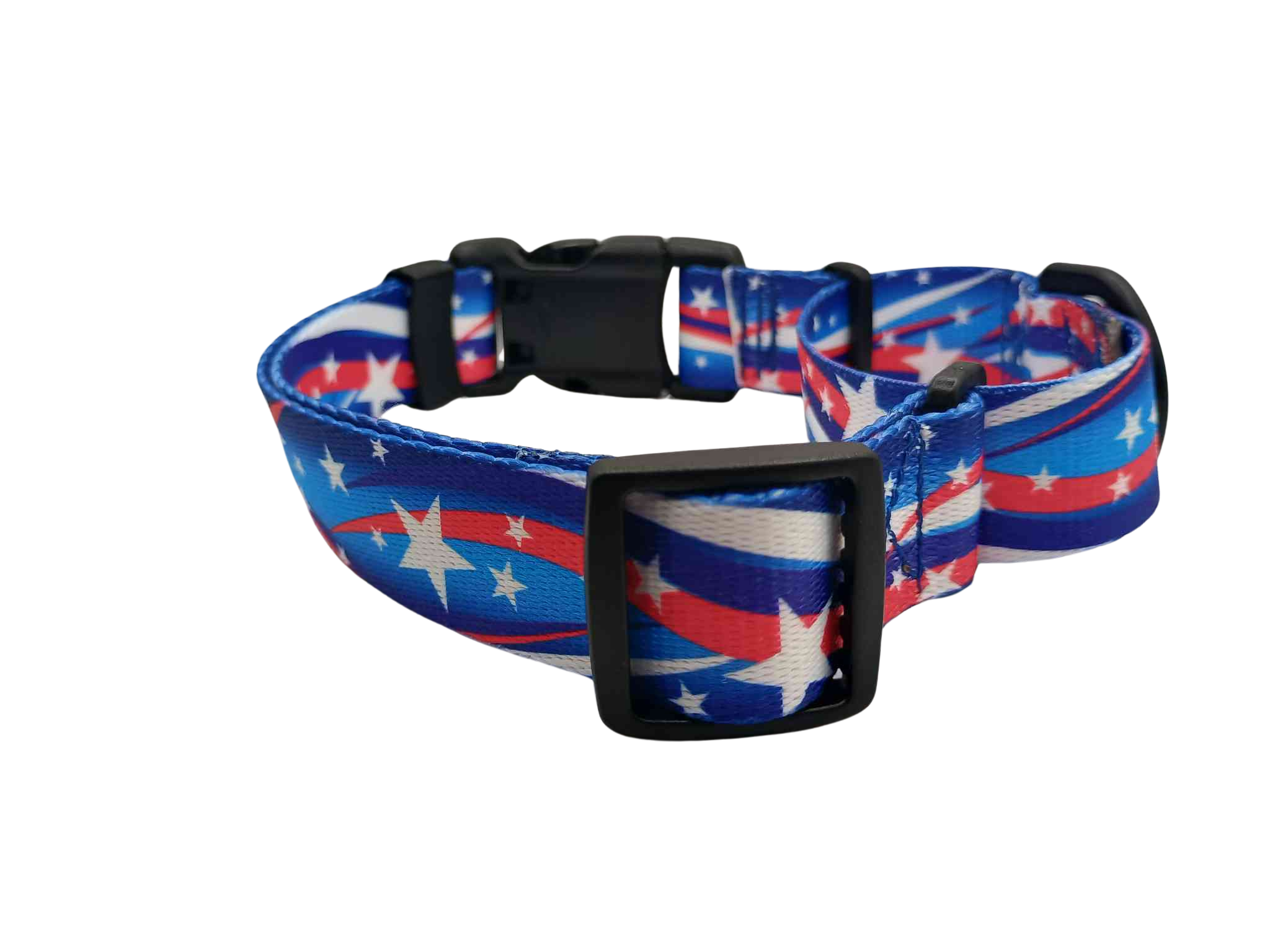 Featuring a Star Spangled martingale collar with buckle, this print features white stars with shooting red & white strips on a varying blue background; featuring shades of dark to medium blue.