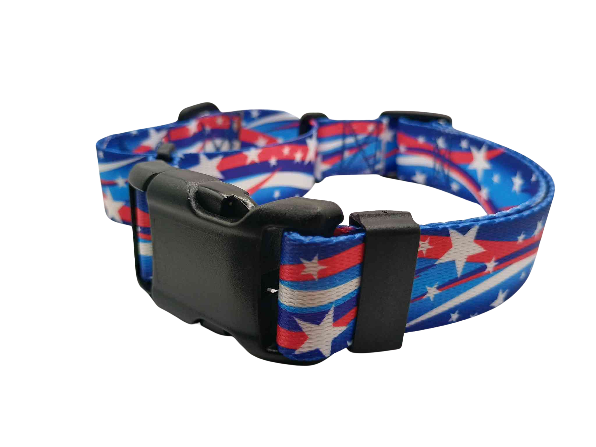Featuring a Star Spangled martingale collar with buckle, this print features white stars with shooting red & white strips on a varying blue background; featuring shades of dark to medium blue.