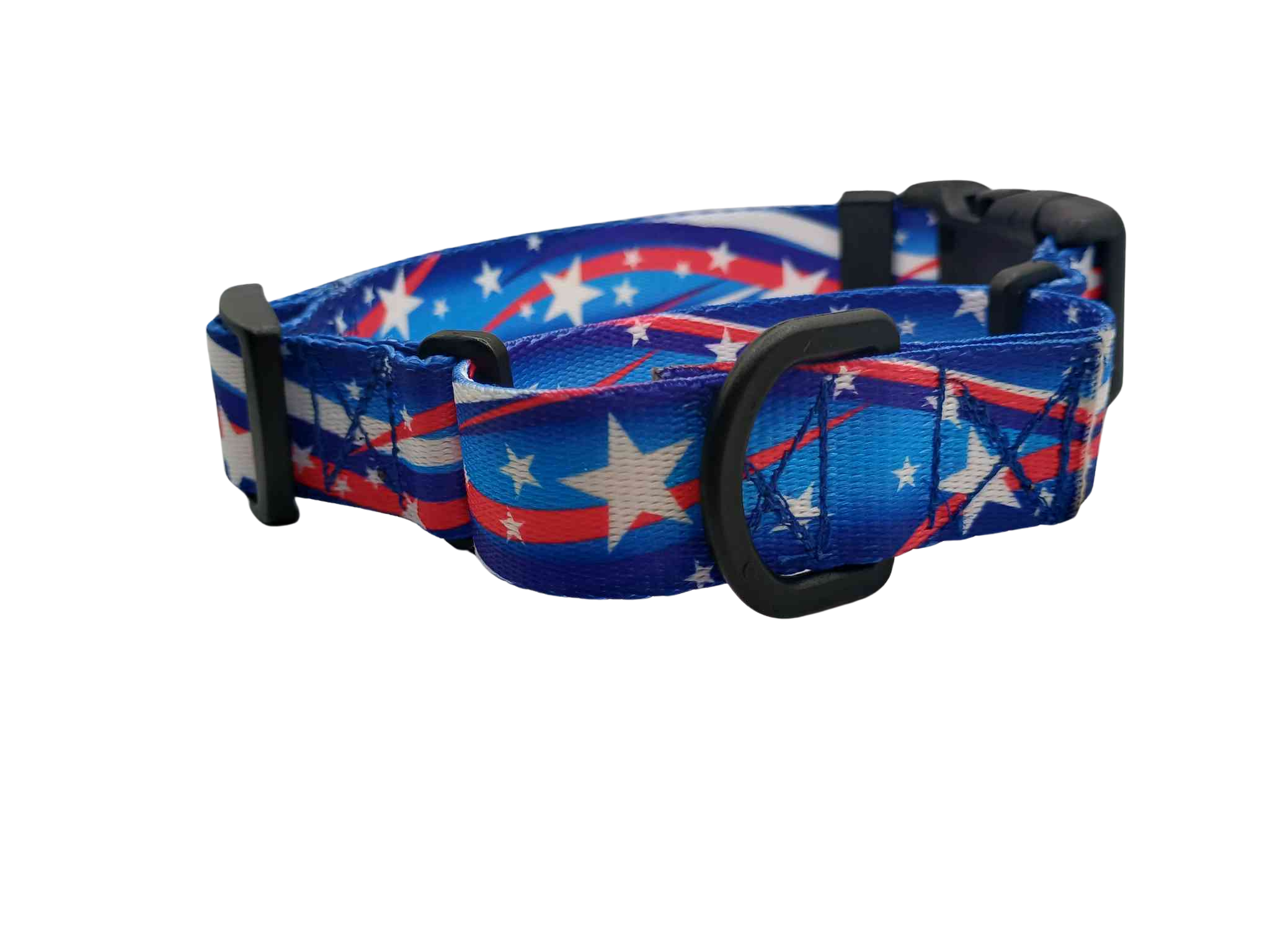 Featuring a Star Spangled martingale collar with buckle, this print features white stars with shooting red & white strips on a varying blue background; featuring shades of dark to medium blue.