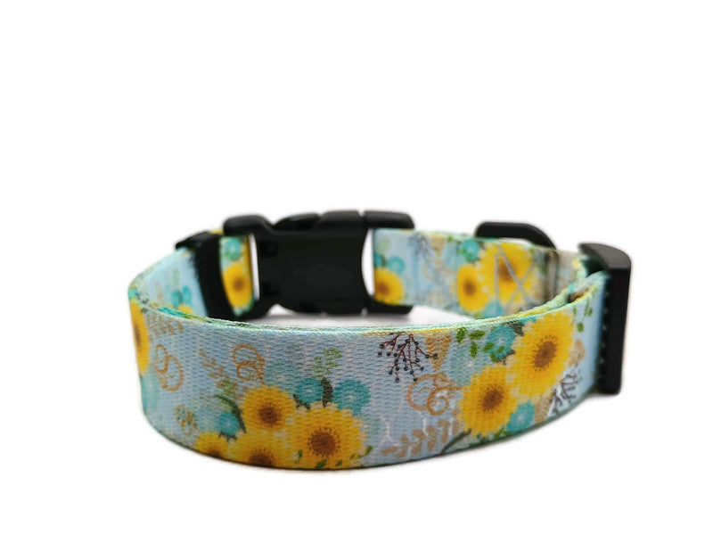 A metal free TSA friendly collar featuring all plastic hardware with beautiful yellow daisies on a light blue background. Designed for dogs with metal allergies and services dogs thru TSA checkpoints.