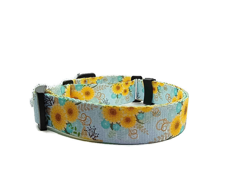 A metal free TSA friendly martingale collar featuring all plastic hardware with beautiful yellow daisies on a light blue background. Designed for dogs with metal allergies and services dogs thru TSA checkpoints.