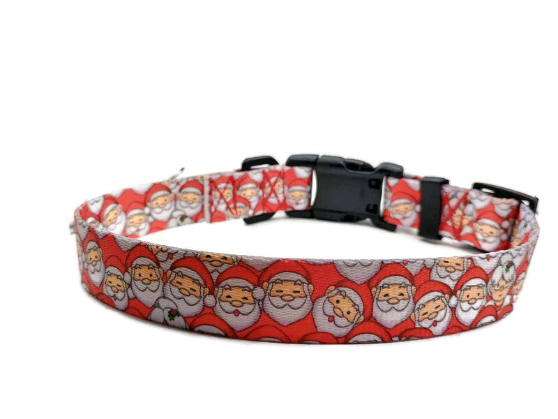 Santa Claus with Mrs Claus hidden in the Santa's the background with a red background. This collar features plastic hardware, which is ideal for dogs allergic to metal or service dogs going thru TSA checkpoints.