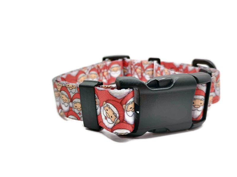 Featuring Santa Claus with Mrs Claus hidden on a red background. Unlike our typical metal free TSA martingales, this collar features a quick release buckle in a martingale style for easy on and off! Take the hassle out of adjusting to put it over the head and then fitting to the pups neck. Simply unclip this collar, adjust to size and snap it on! No more adjusting for on and off.