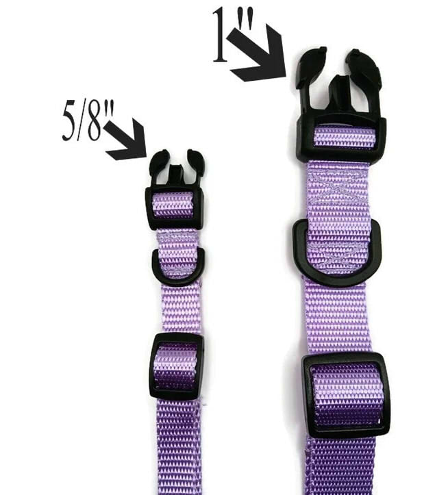 An image showing our different widths. 5/8" being ideal for small dogs and 1" for our bigger pups!